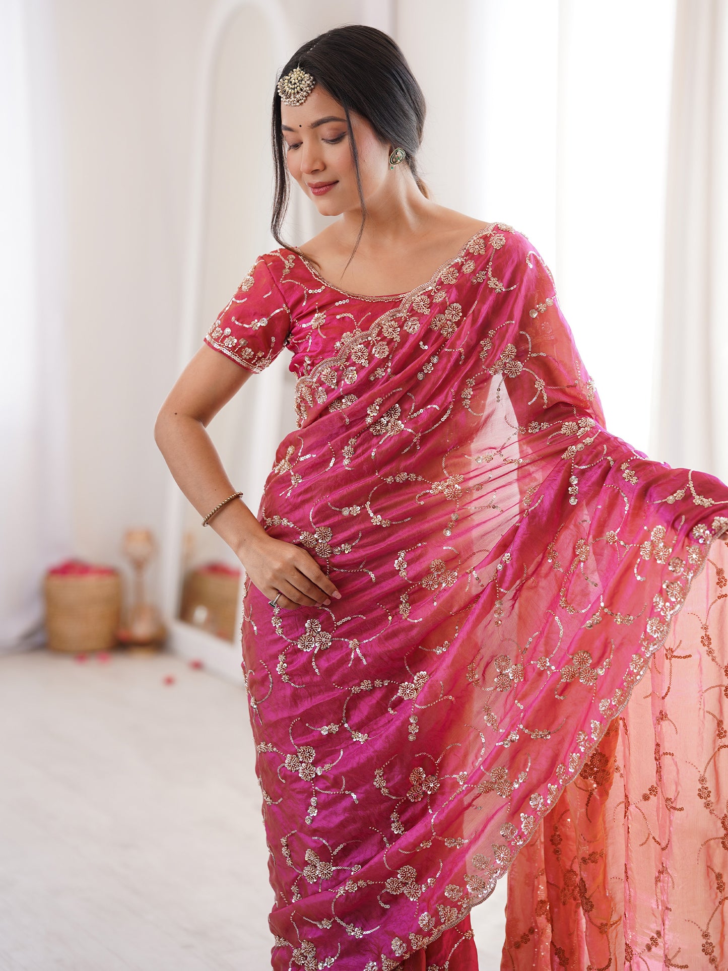 Women's Satin Pink Embellished Designer Saree With Blouse Piece