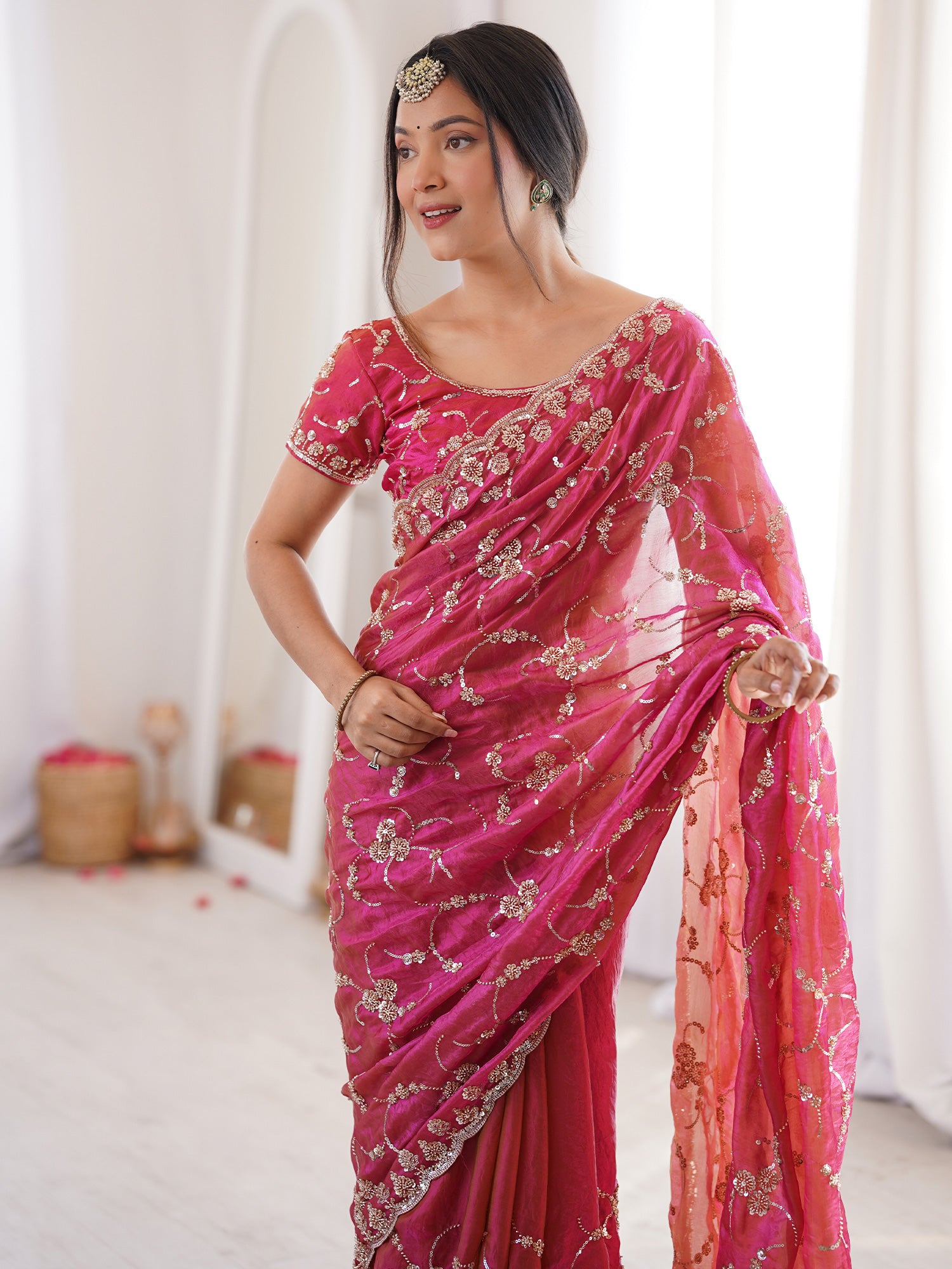 Women's Satin Pink Embellished Designer Saree With Blouse Piece
