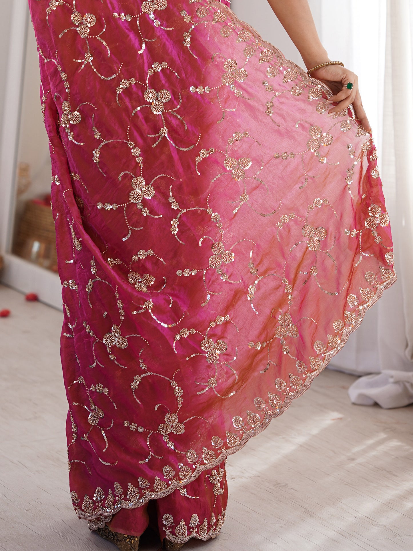 Women's Satin Pink Embellished Designer Saree With Blouse Piece