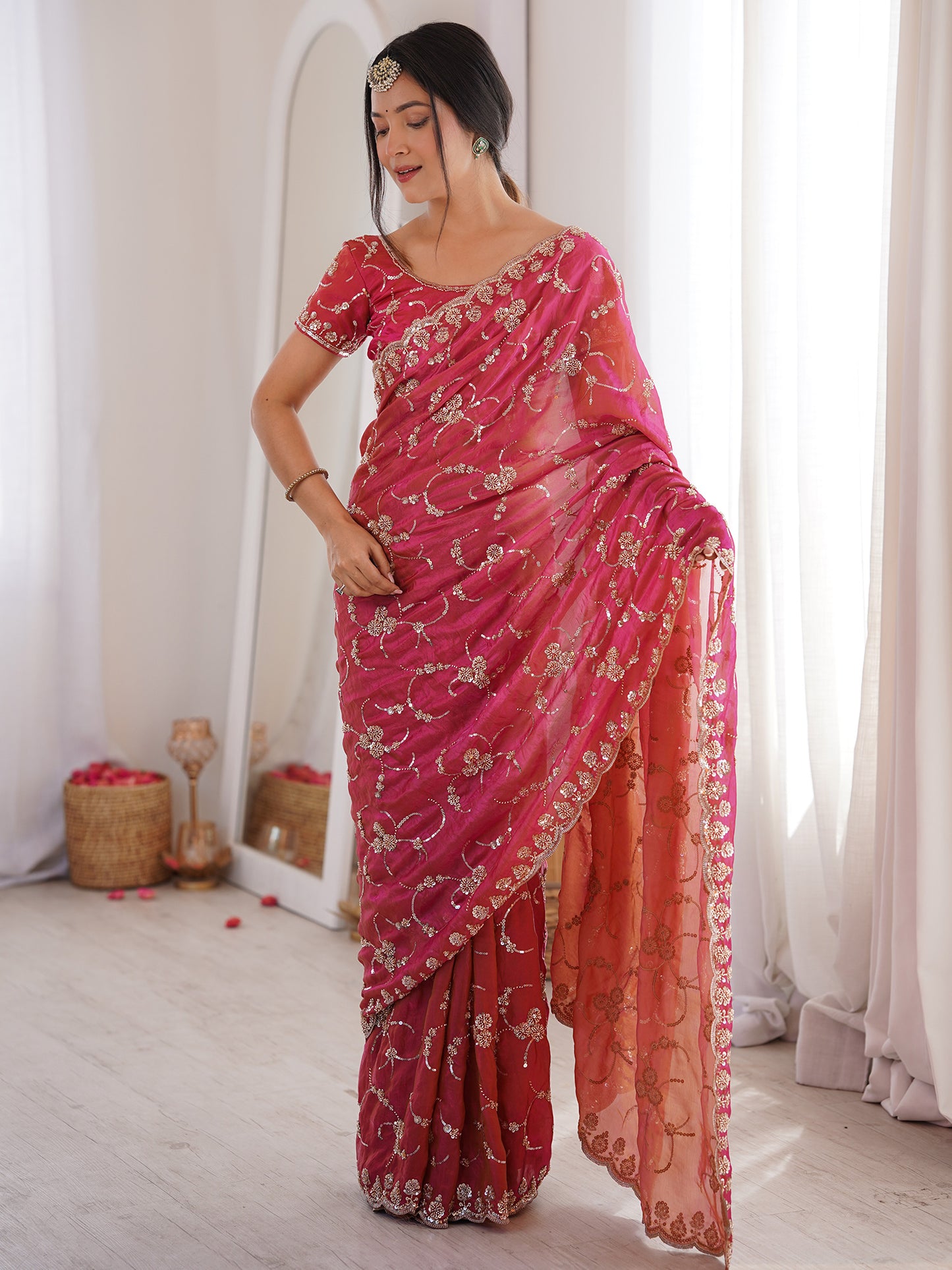 Women's Satin Pink Embellished Designer Saree With Blouse Piece
