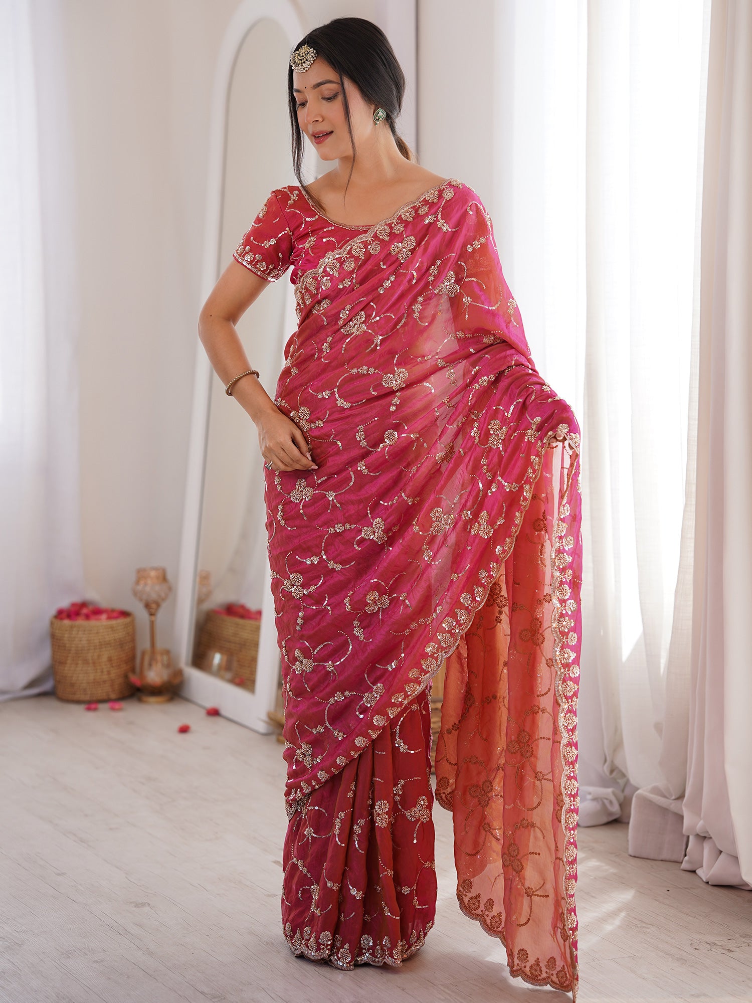 Women's Satin Pink Embellished Designer Saree With Blouse Piece