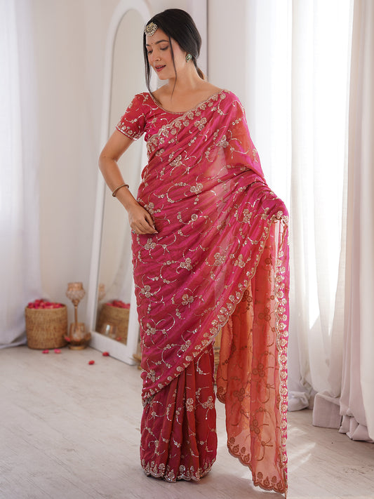 Women's Satin Pink Embellished Designer Saree With Blouse Piece