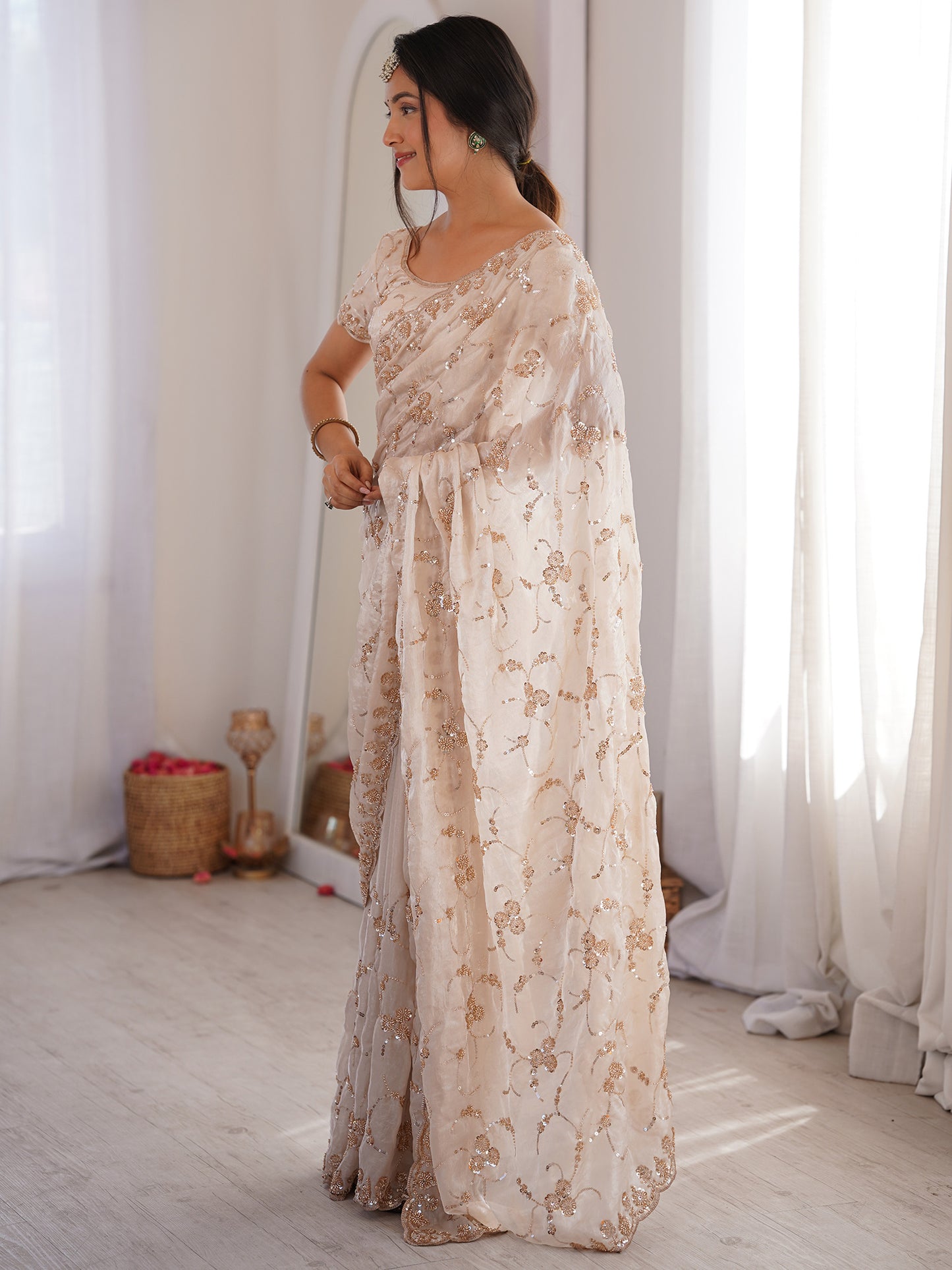 Women's Satin Off White Embellished Designer Saree With Blouse Piece