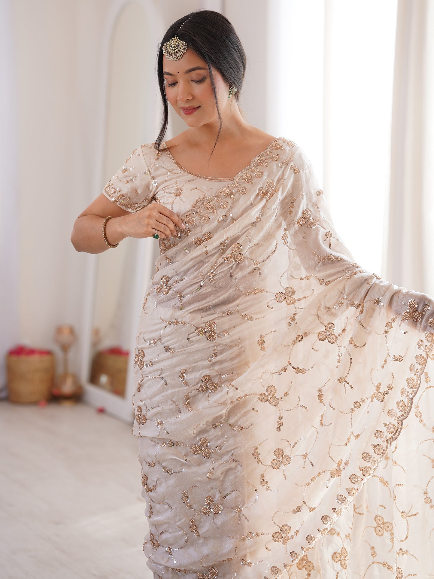 Women's Satin Off White Embellished Designer Saree With Blouse Piece