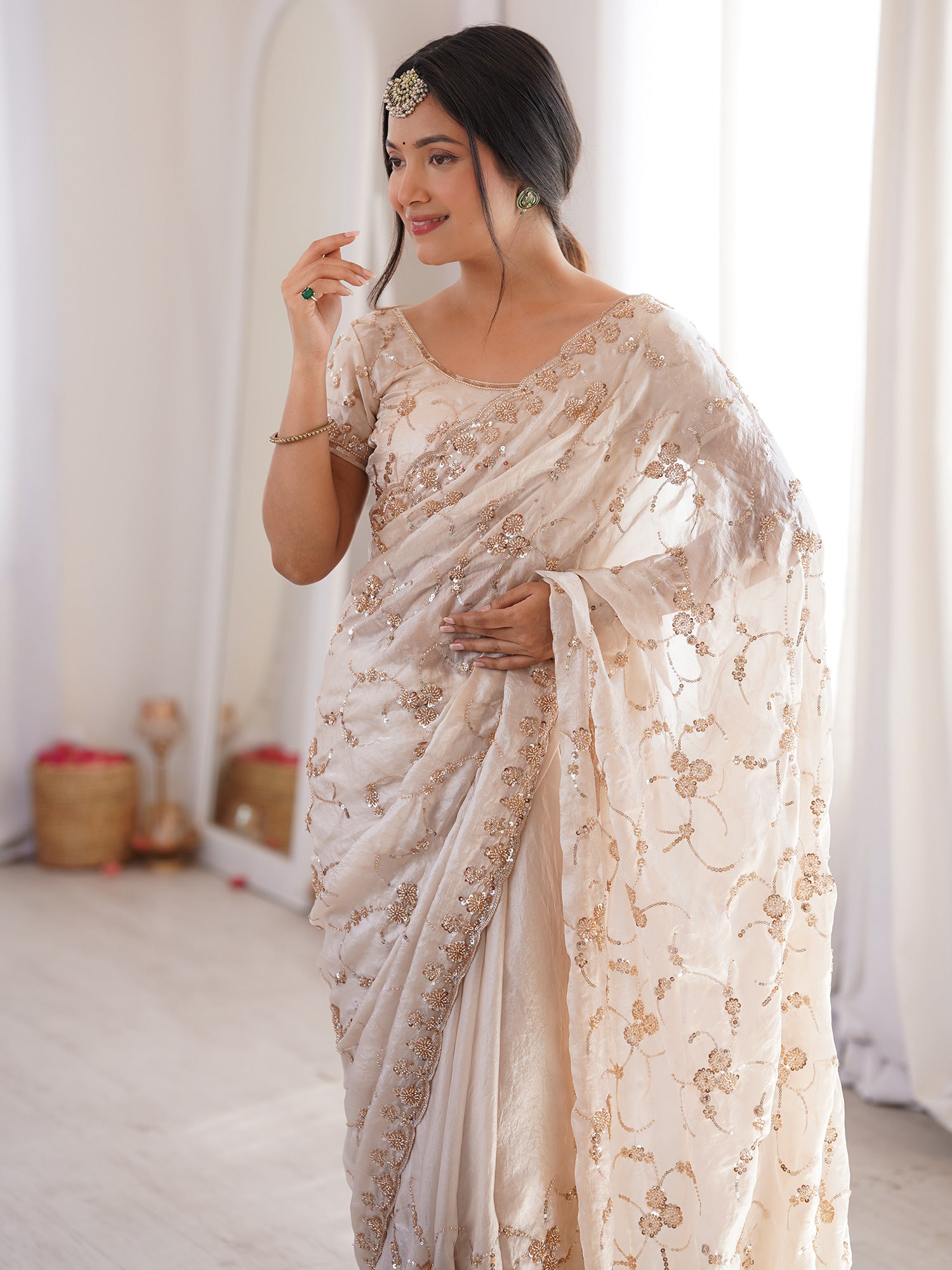Women's Satin Off White Embellished Designer Saree With Blouse Piece