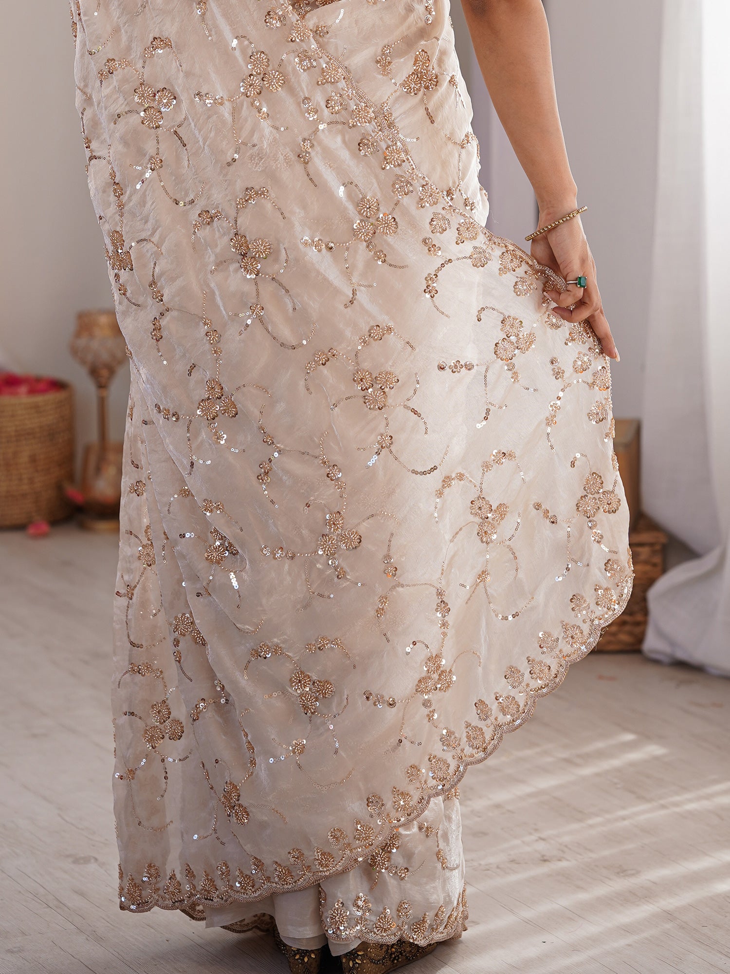 Women's Satin Off White Embellished Designer Saree With Blouse Piece