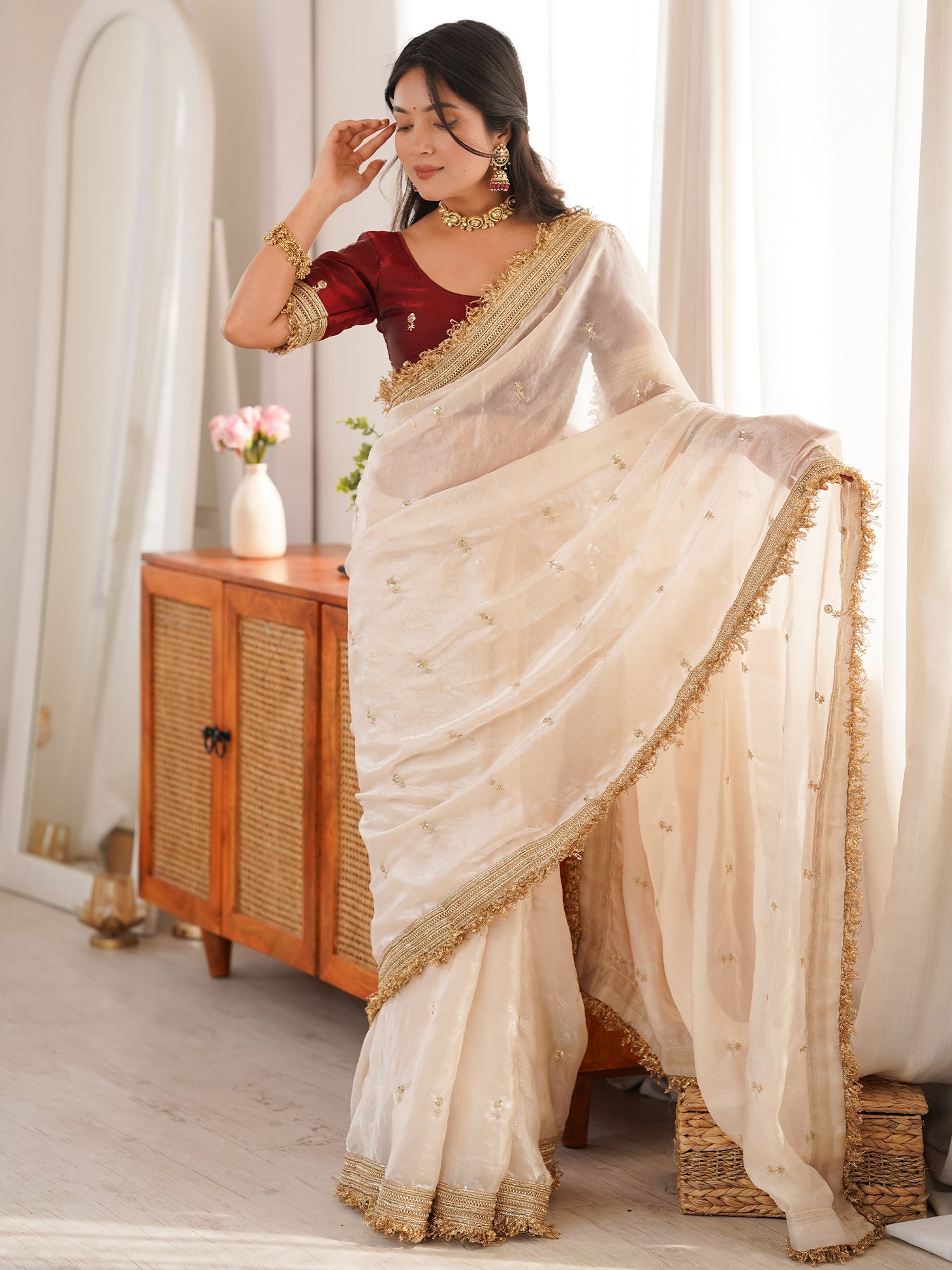 Women's Satin Off White Embellished Designer Saree With Blouse Piece