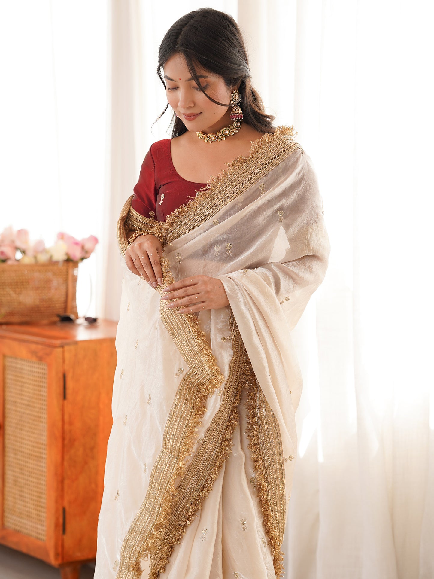 Women's Satin Off White Embellished Designer Saree With Blouse Piece