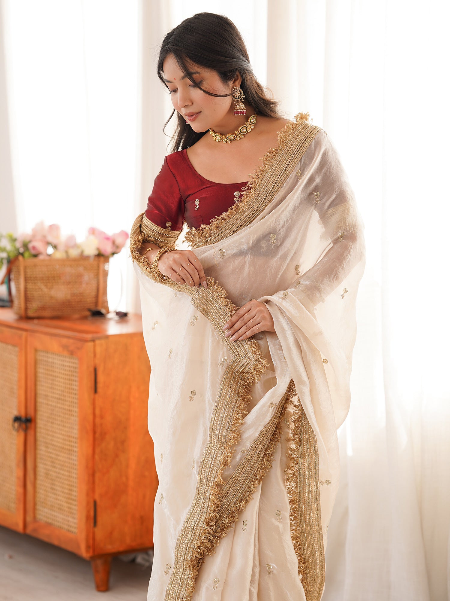 Women's Satin Off White Embellished Designer Saree With Blouse Piece