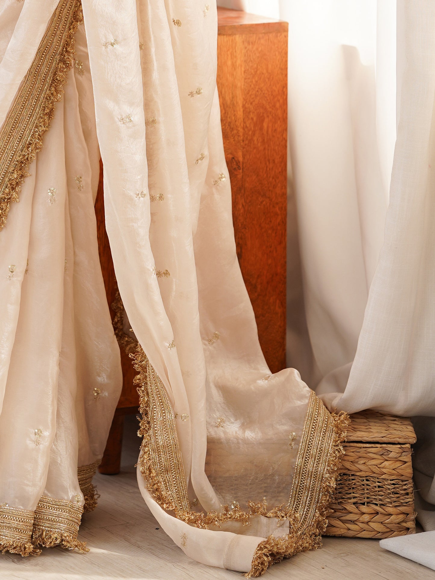 Women's Satin Off White Embellished Designer Saree With Blouse Piece