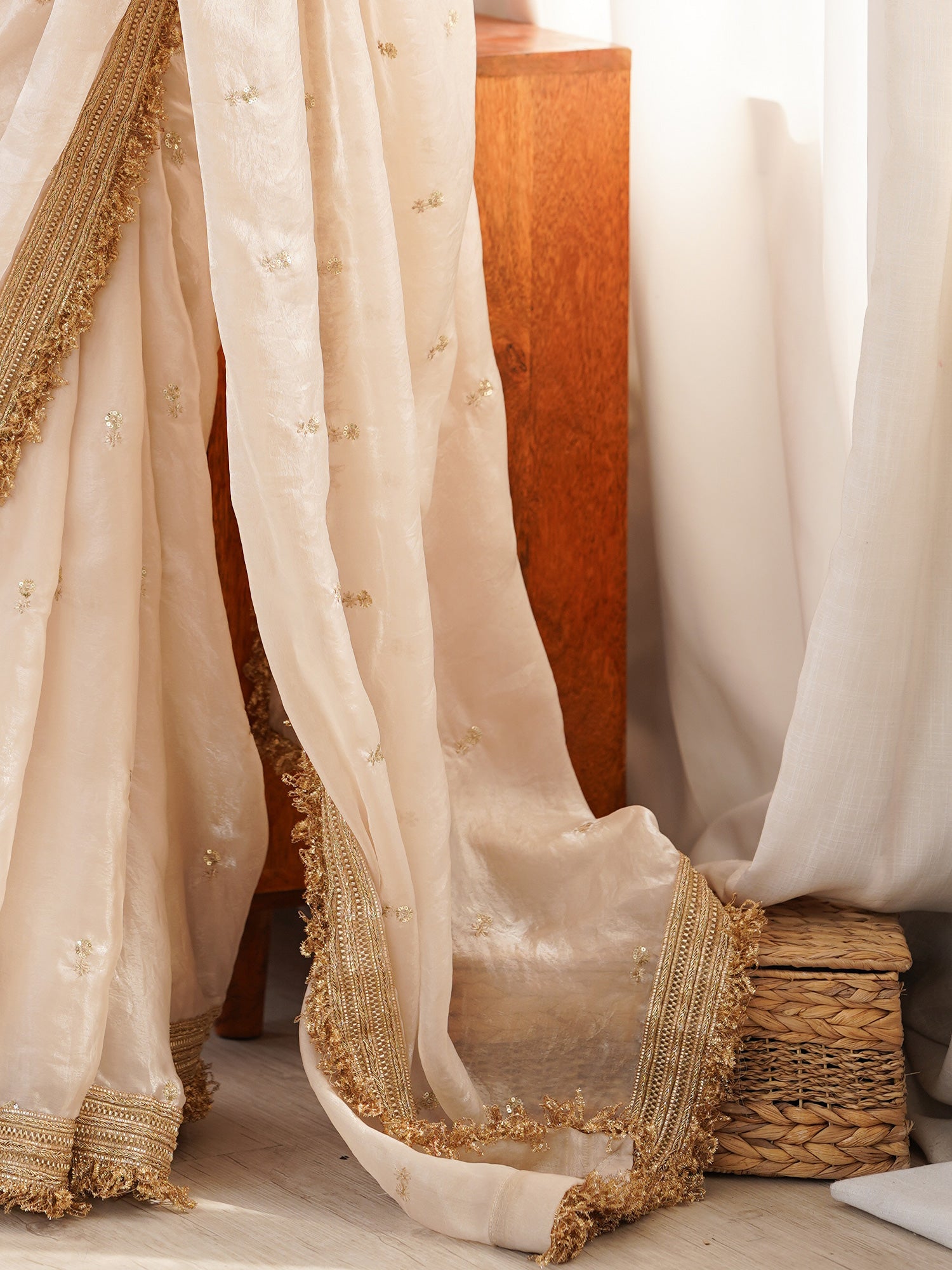 Women's Satin Off White Embellished Designer Saree With Blouse Piece