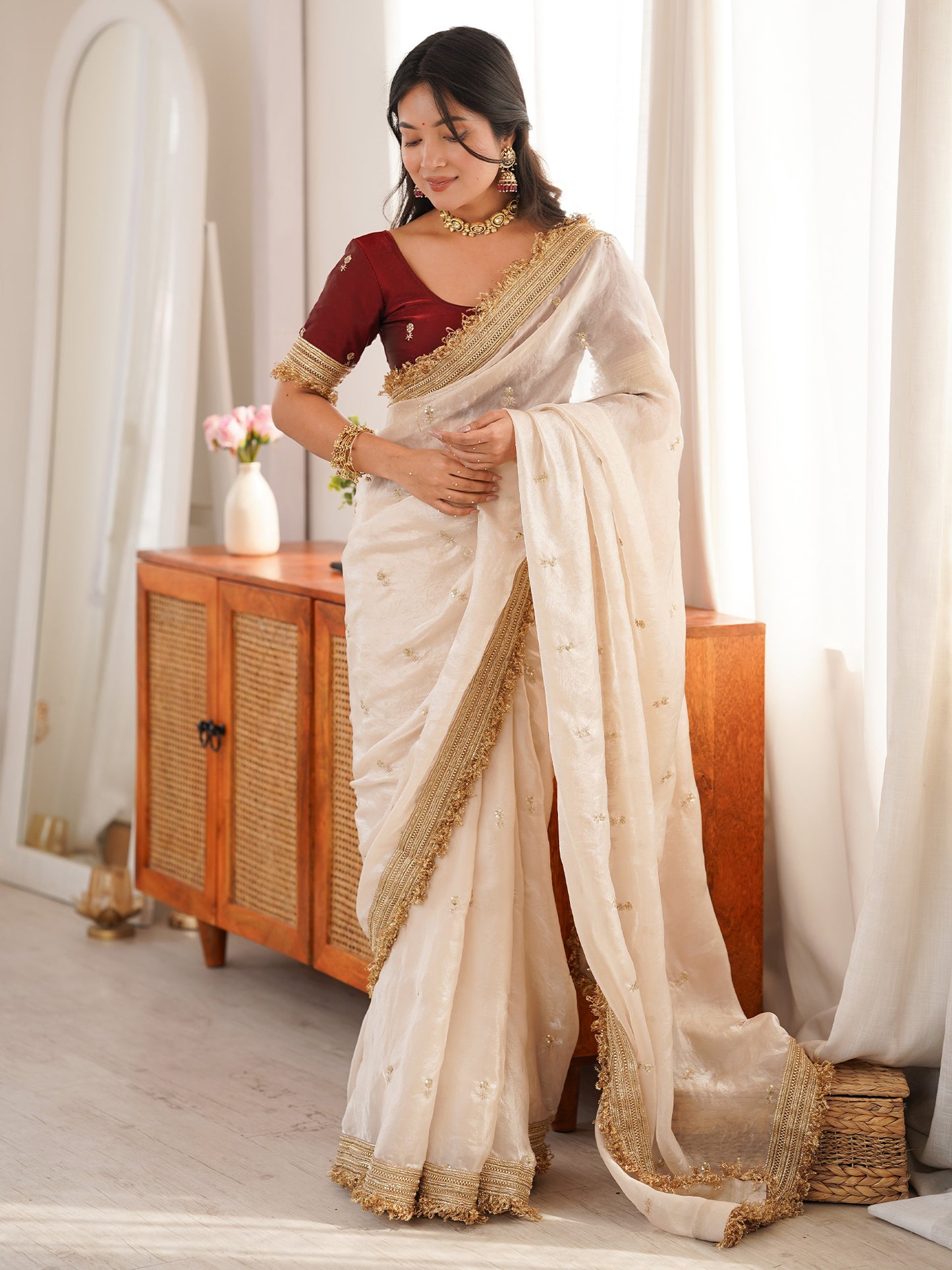 Women's Satin Off White Embellished Designer Saree With Blouse Piece