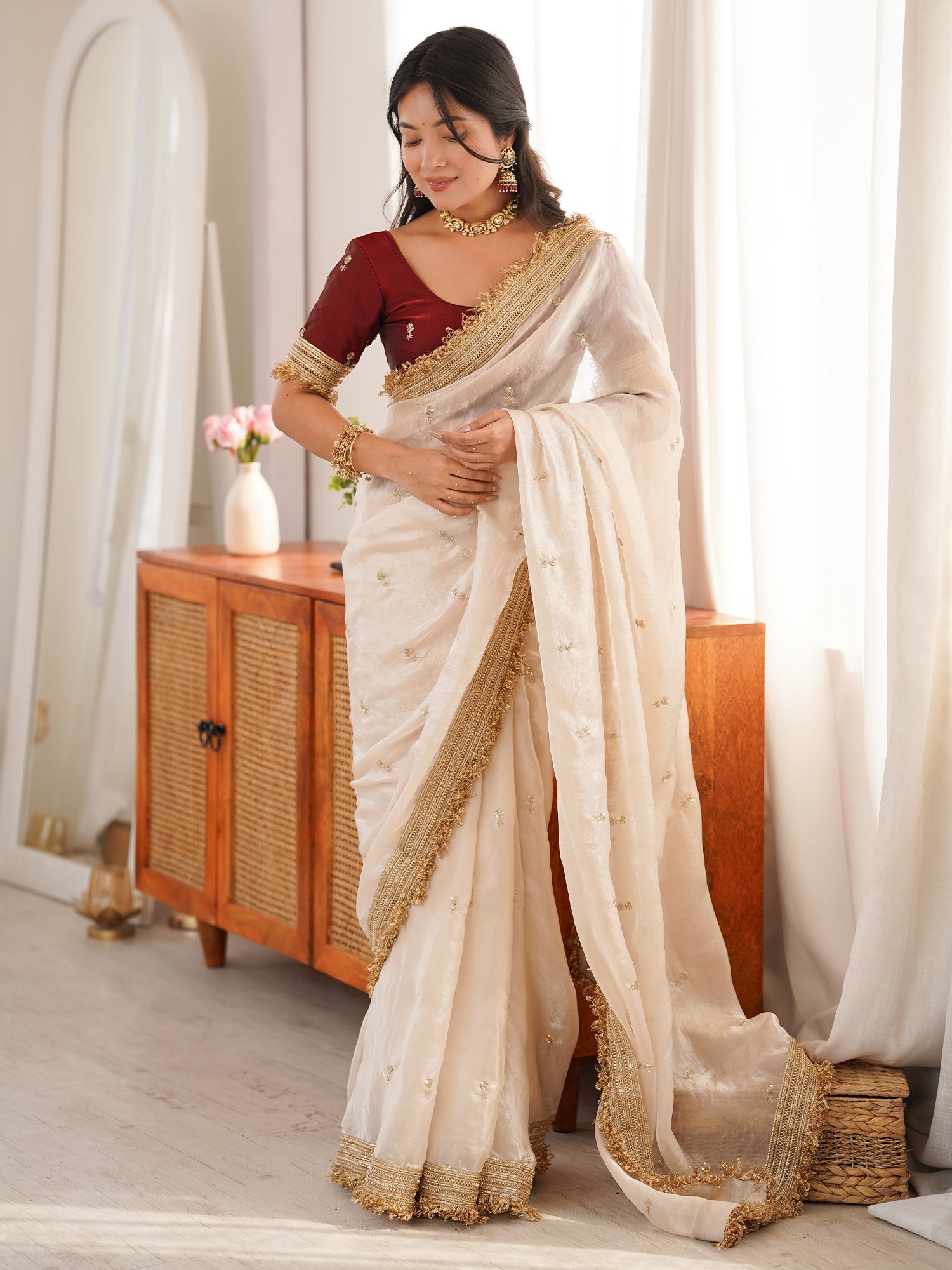 Women's Satin Off White Embellished Designer Saree With Blouse Piece