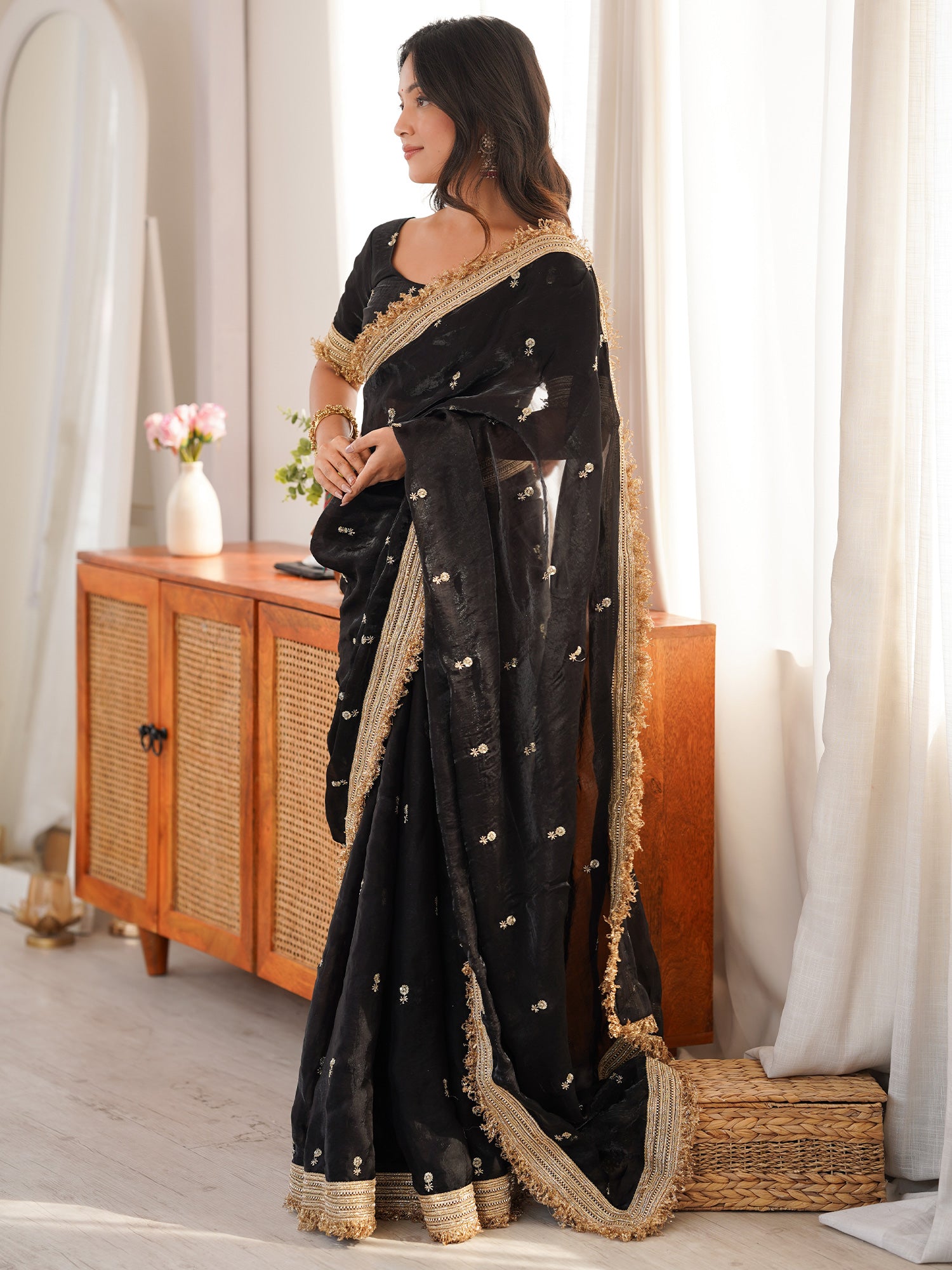 Women's Satin Black Embellished Designer Saree With Blouse Piece