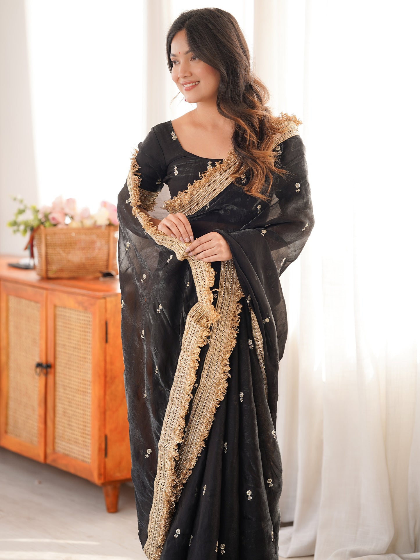 Women's Satin Black Embellished Designer Saree With Blouse Piece