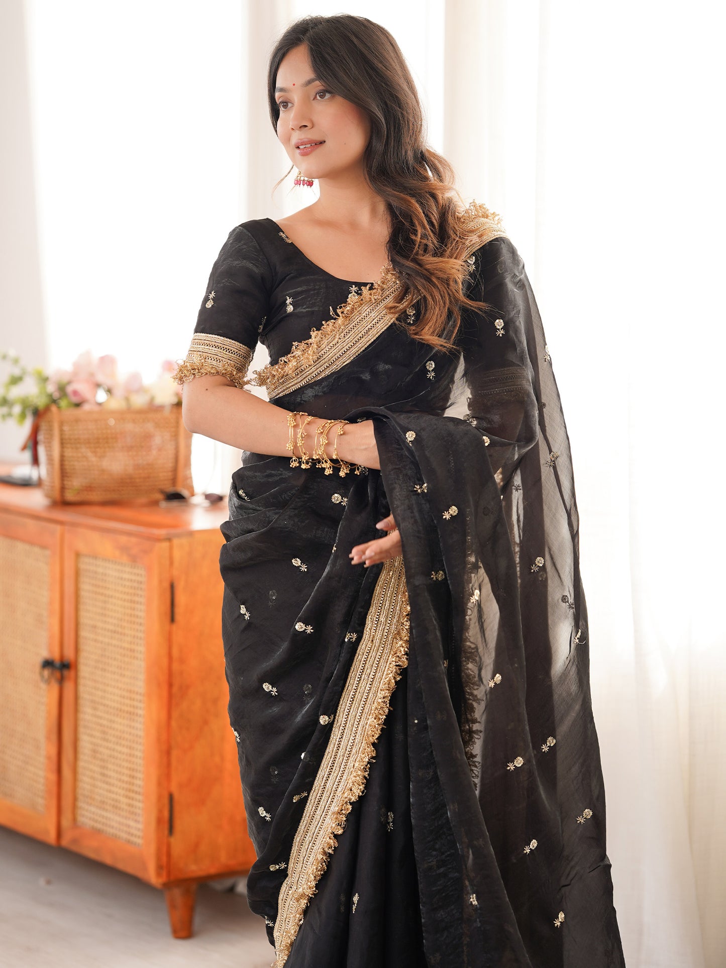 Women's Satin Black Embellished Designer Saree With Blouse Piece