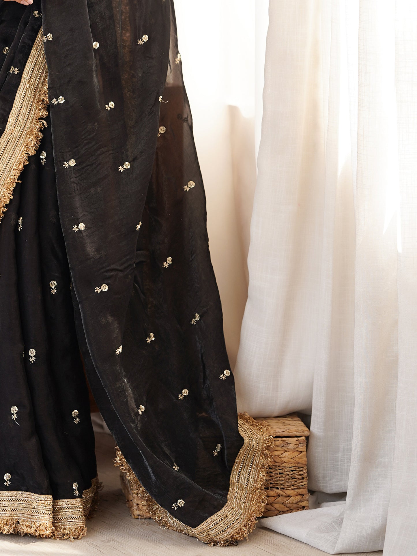 Women's Satin Black Embellished Designer Saree With Blouse Piece