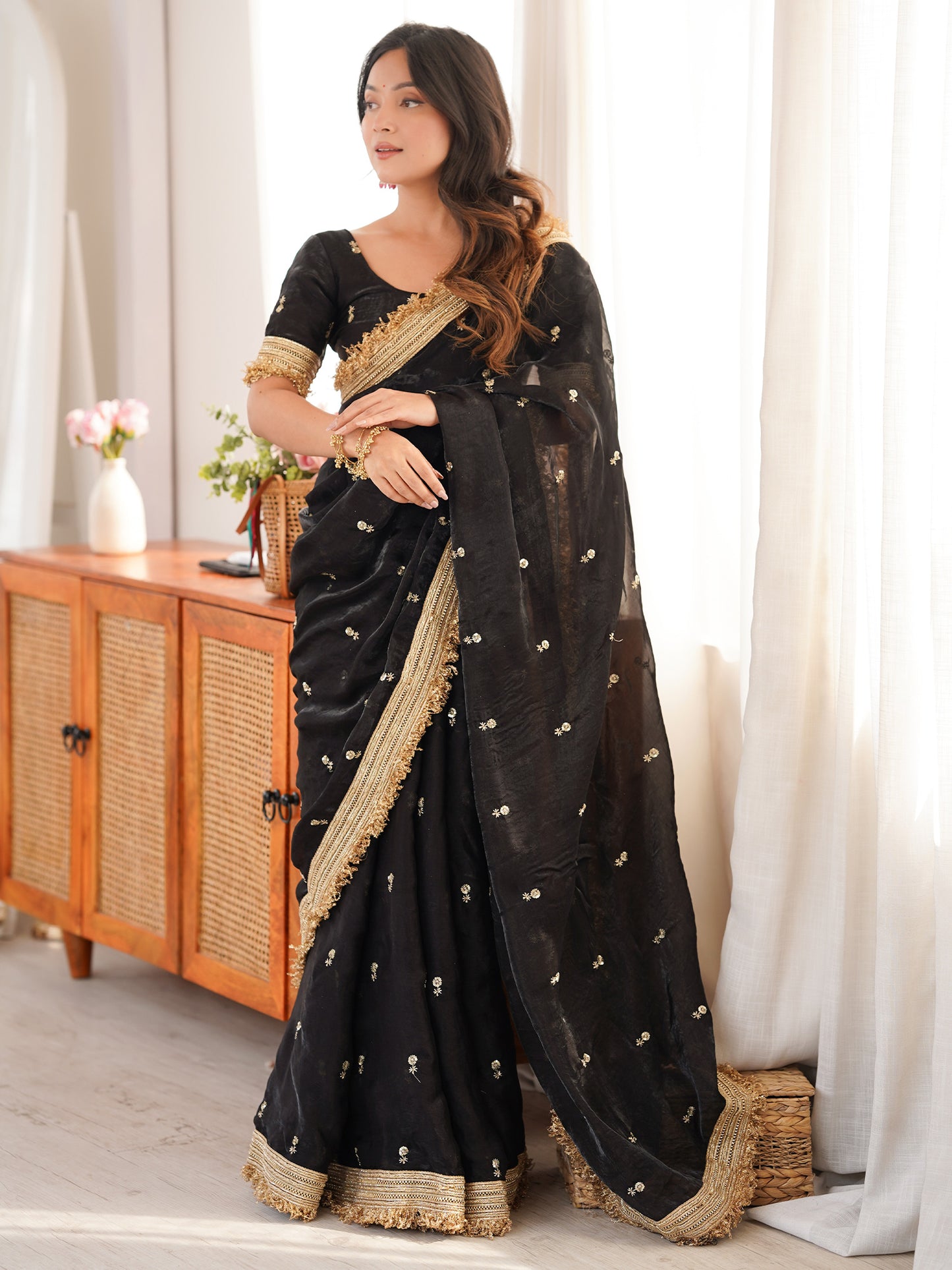 Women's Satin Black Embellished Designer Saree With Blouse Piece