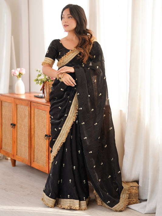 Women's Satin Black Embellished Designer Saree With Blouse Piece