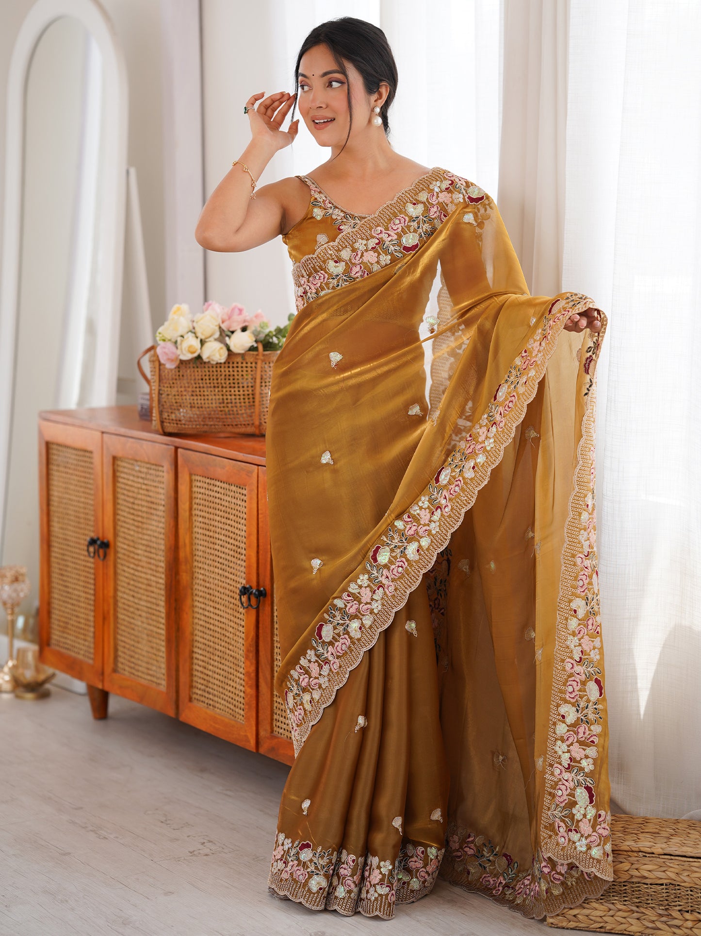 Women's Organza Mustard Embellished Designer Saree With Blouse Piece