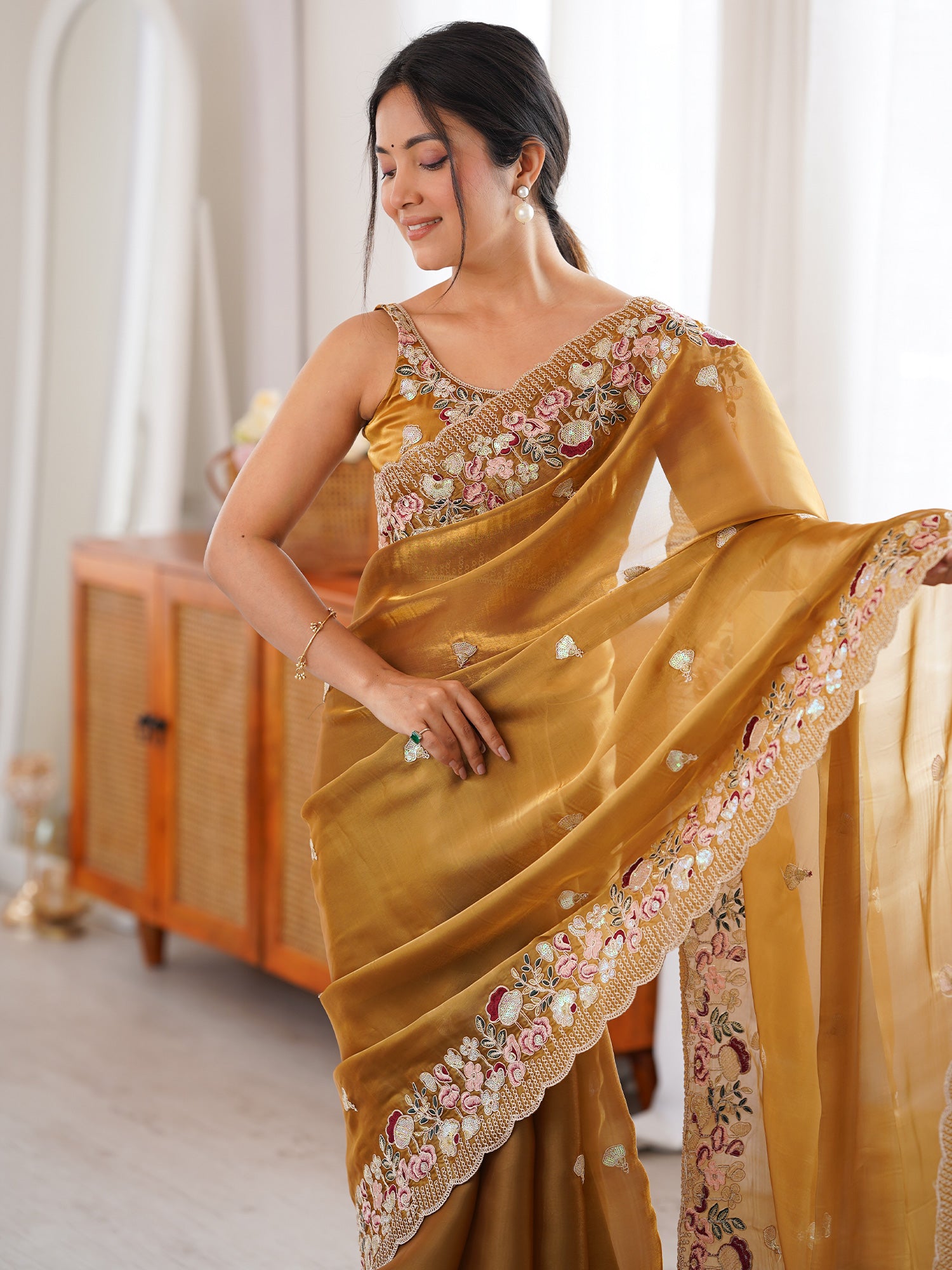 Women's Organza Mustard Embellished Designer Saree With Blouse Piece