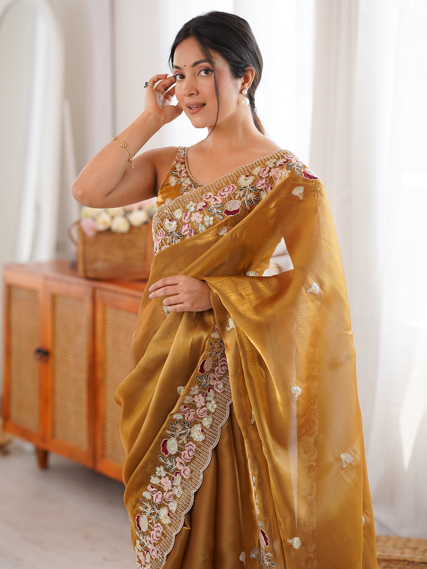 Women's Organza Mustard Embellished Designer Saree With Blouse Piece