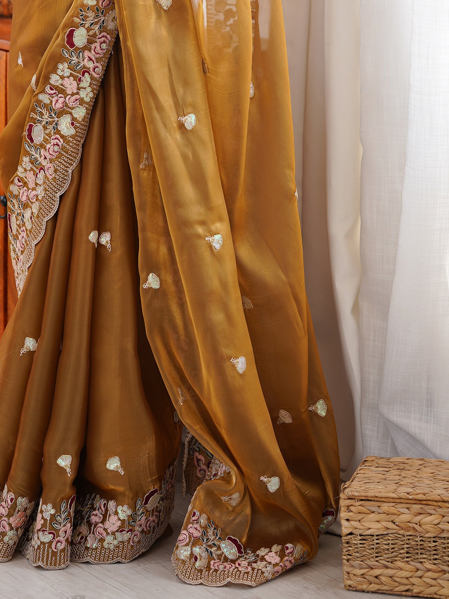 Women's Organza Mustard Embellished Designer Saree With Blouse Piece