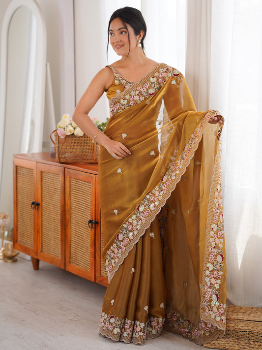 Women's Organza Mustard Embellished Designer Saree With Blouse Piece