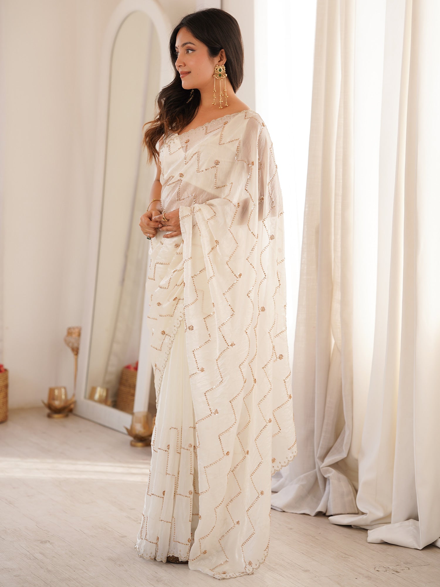 Women's Satin Off White Embellished Designer Saree With Blouse Piece