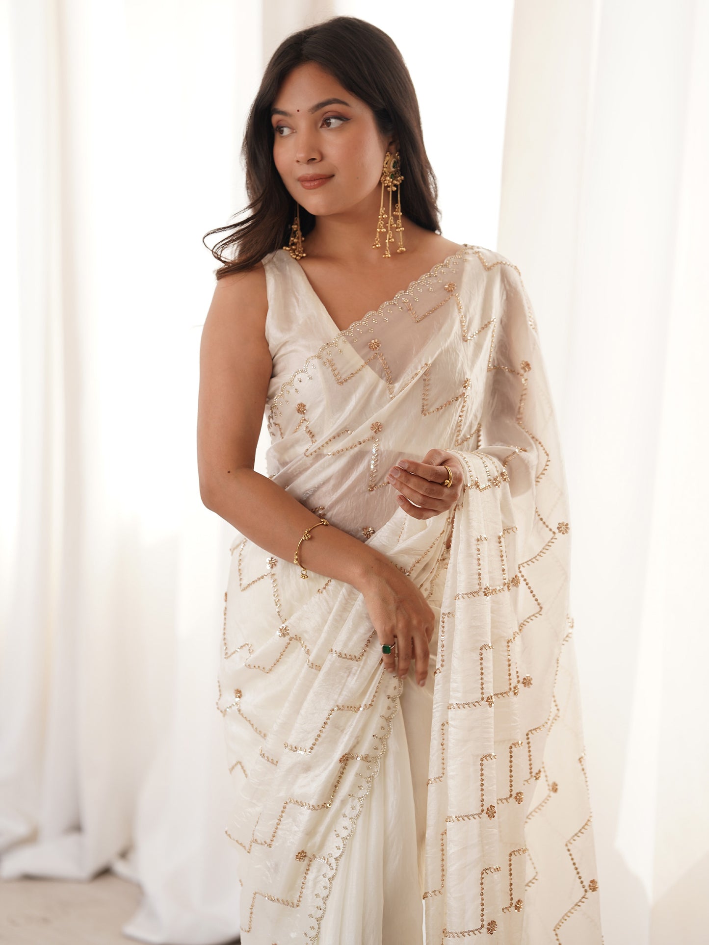 Women's Satin Off White Embellished Designer Saree With Blouse Piece
