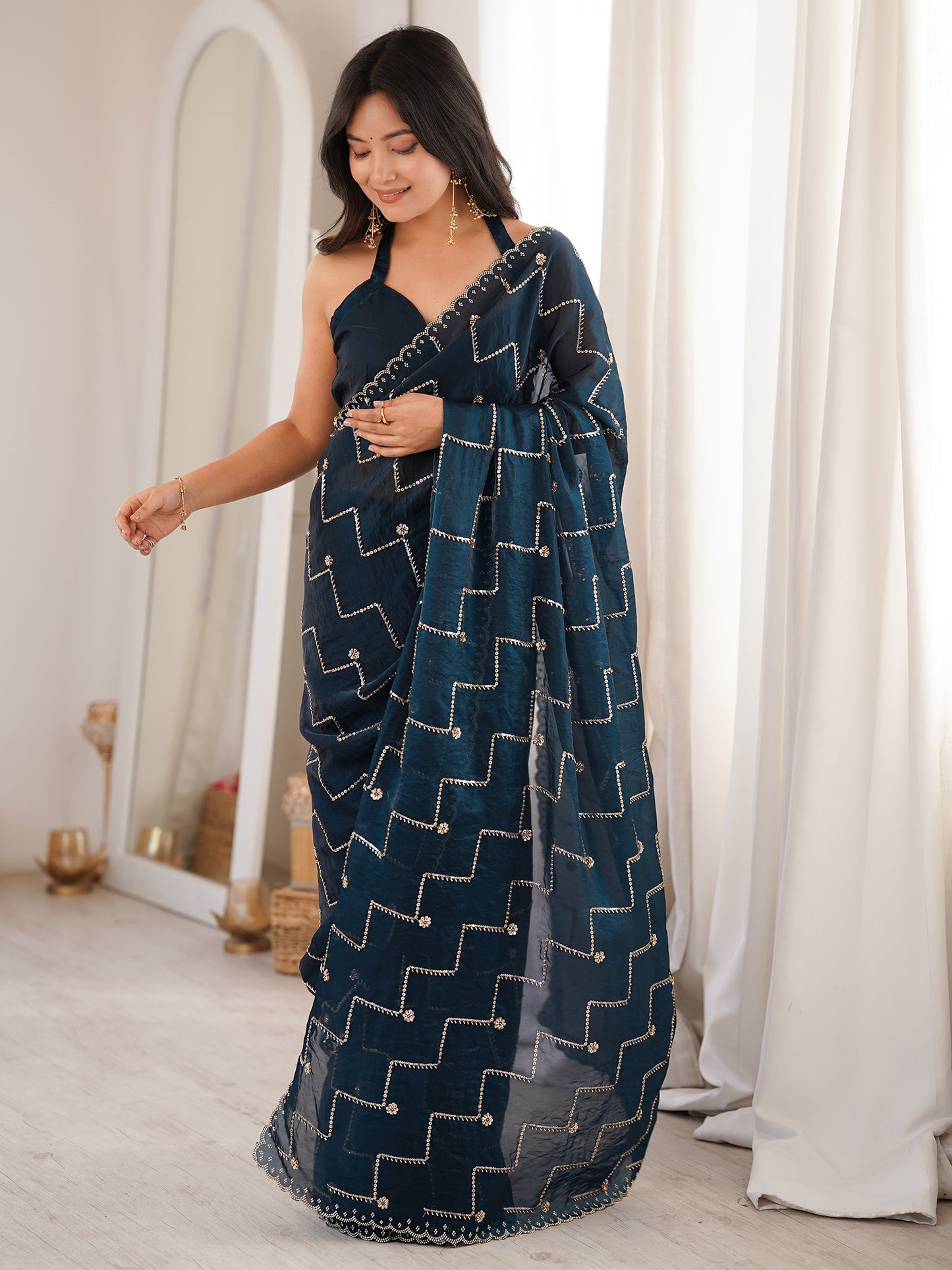 Women's Satin Teal blue Embellished Designer Saree With Blouse Piece