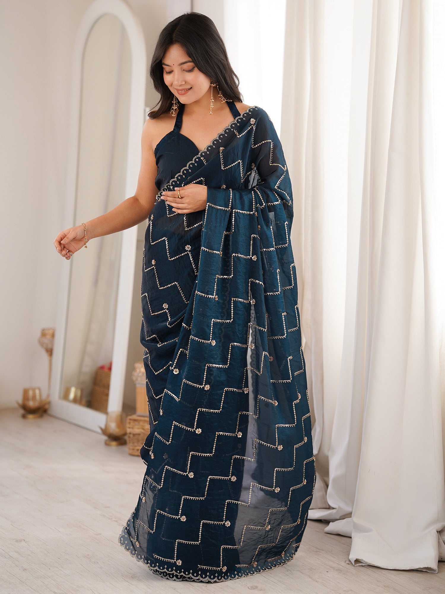 Women's Satin Teal blue Embellished Designer Saree With Blouse Piece