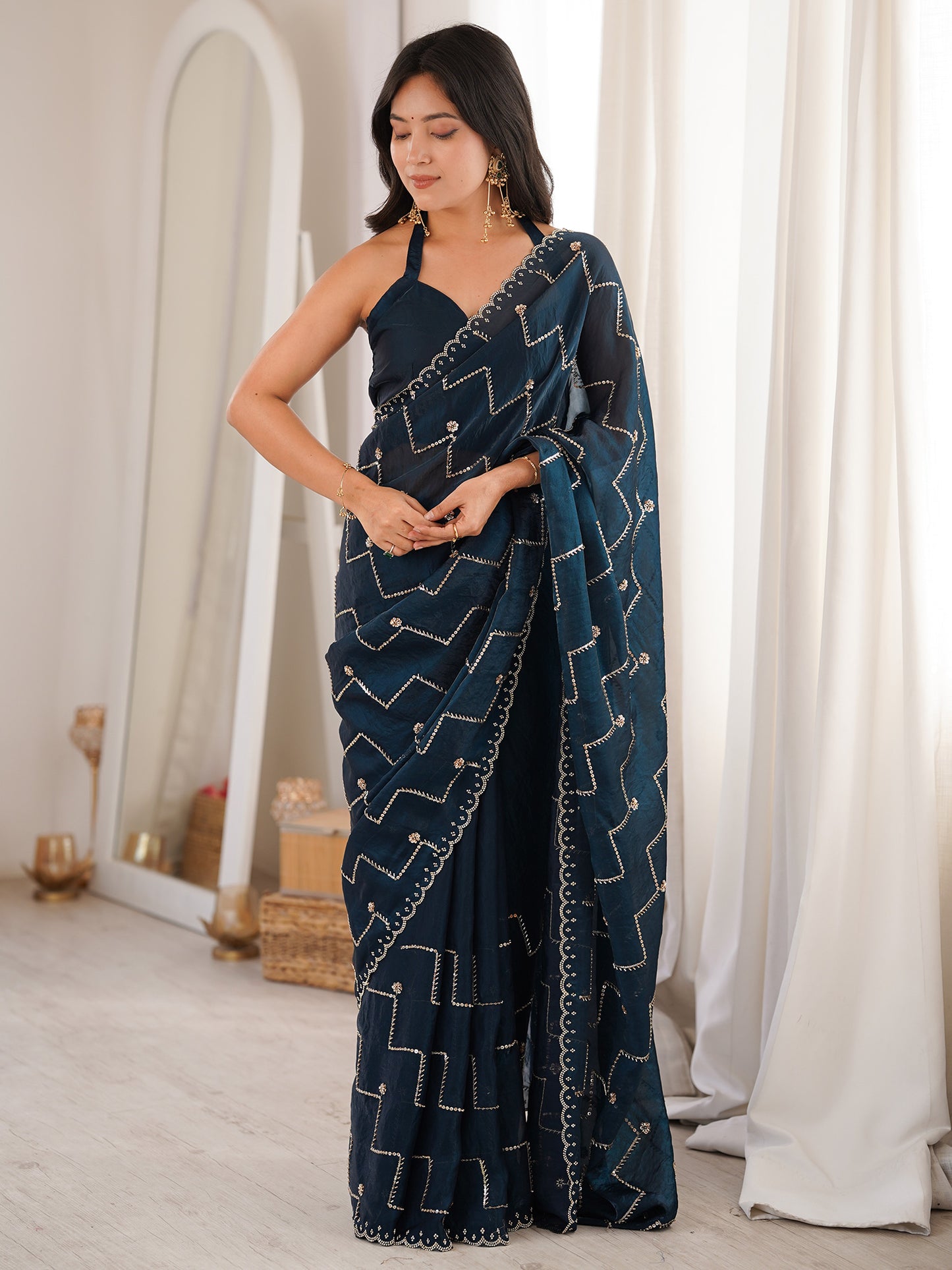 Women's Satin Teal blue Embellished Designer Saree With Blouse Piece