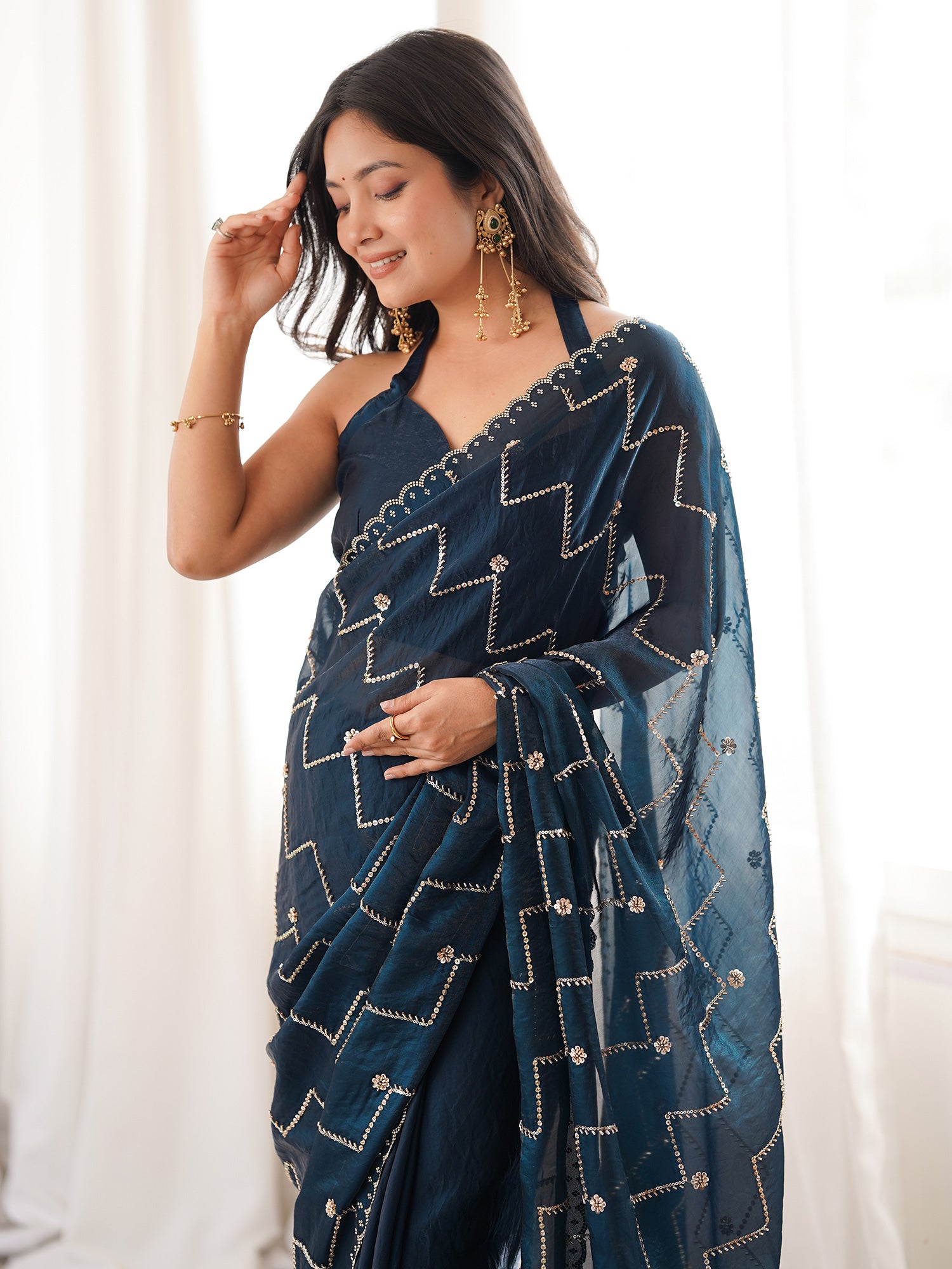 Women's Satin Teal blue Embellished Designer Saree With Blouse Piece