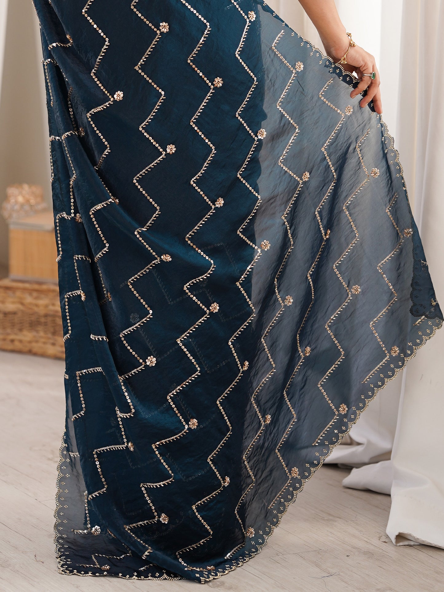 Women's Satin Teal blue Embellished Designer Saree With Blouse Piece