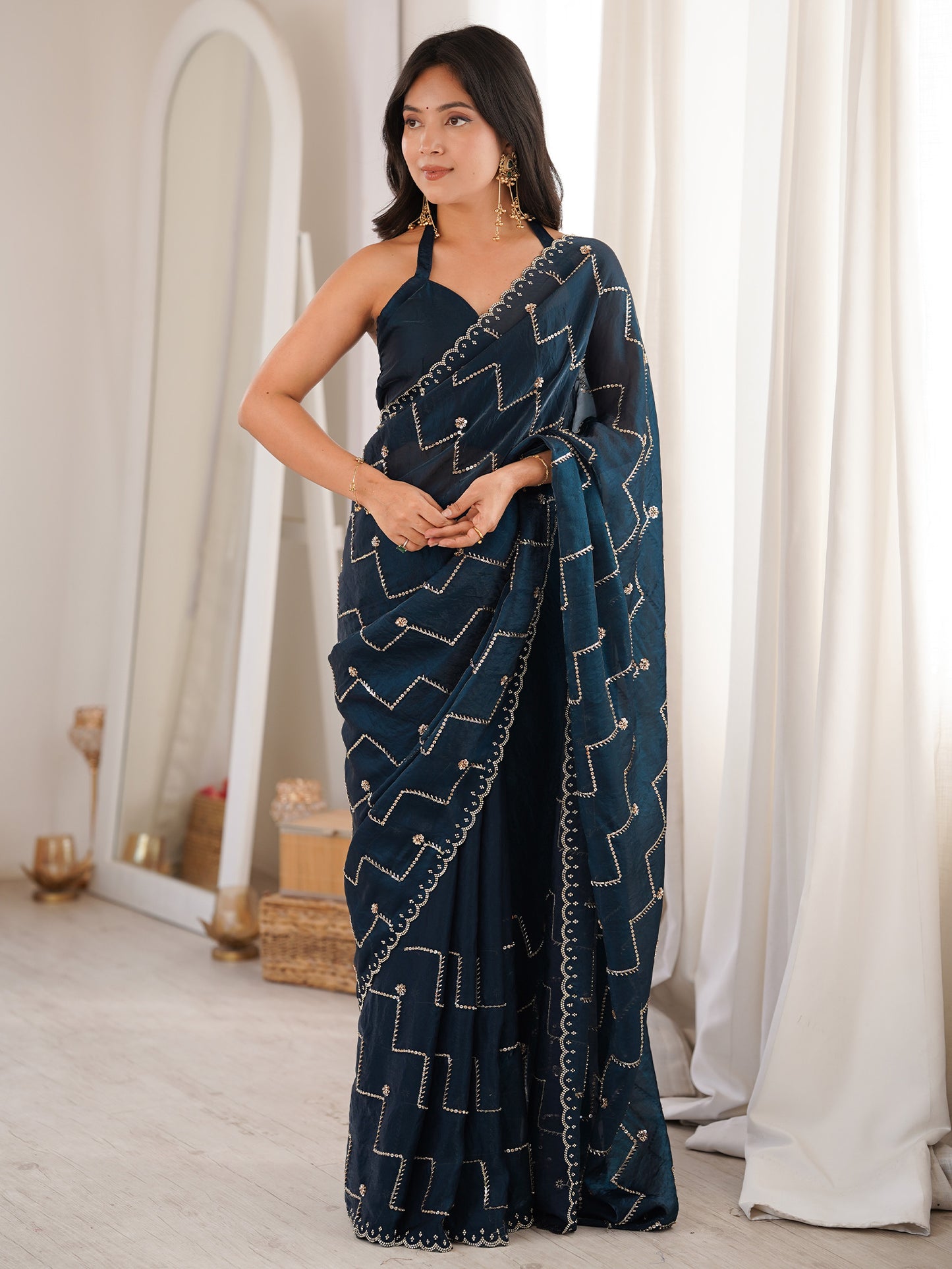 Women's Satin Teal blue Embellished Designer Saree With Blouse Piece