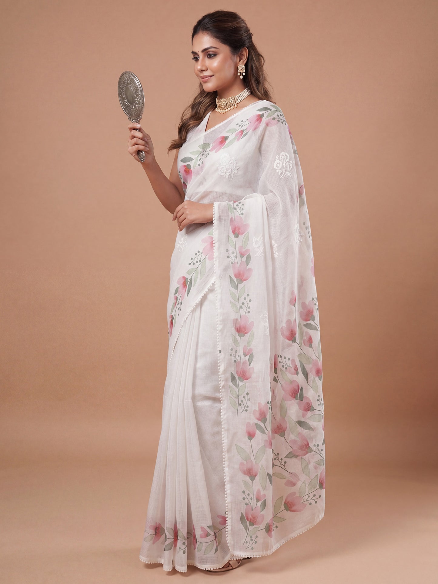 Women's Kota Doria Cotton White Embroidered Designer Saree With Blouse Piece