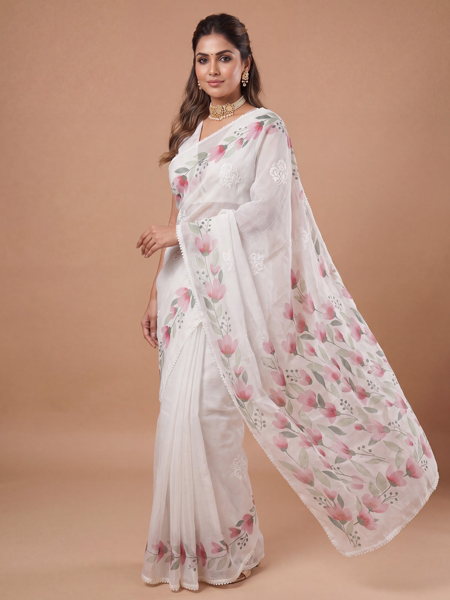 Women's Kota Doria Cotton White Embroidered Designer Saree With Blouse Piece