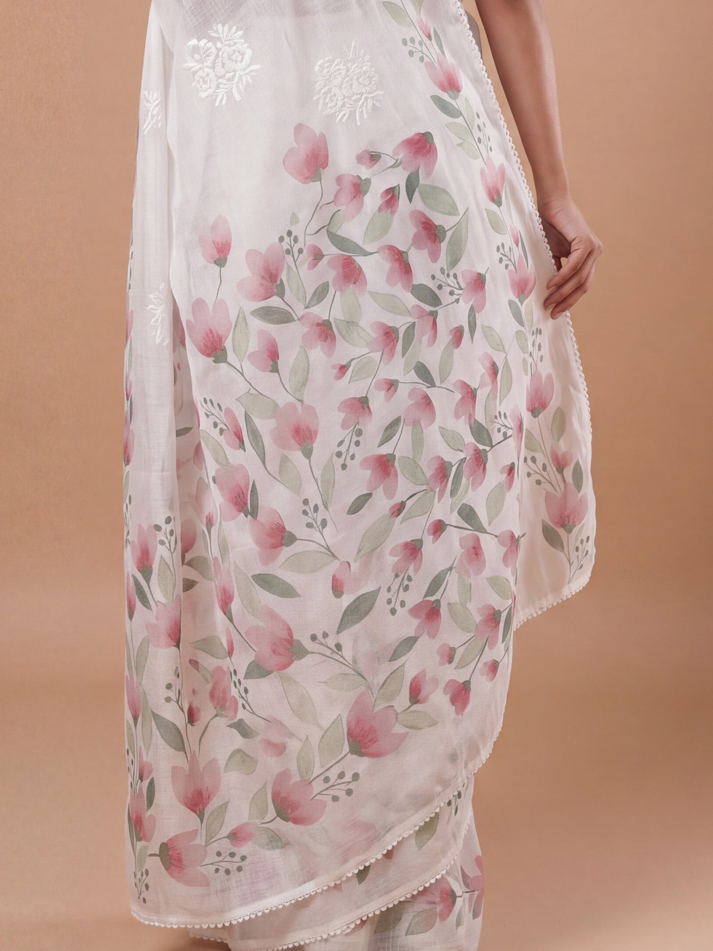 Women's Kota Doria Cotton White Embroidered Designer Saree With Blouse Piece