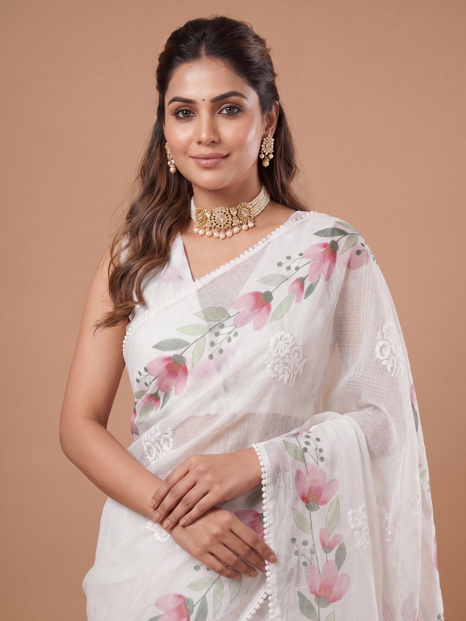 Women's Kota Doria Cotton White Embroidered Designer Saree With Blouse Piece