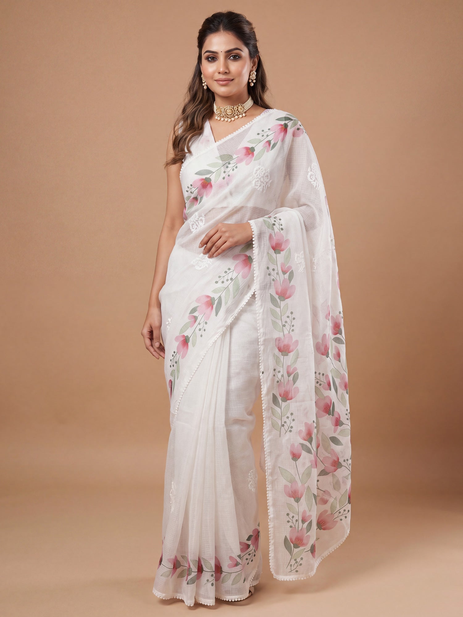 Women's Kota Doria Cotton White Embroidered Designer Saree With Blouse Piece