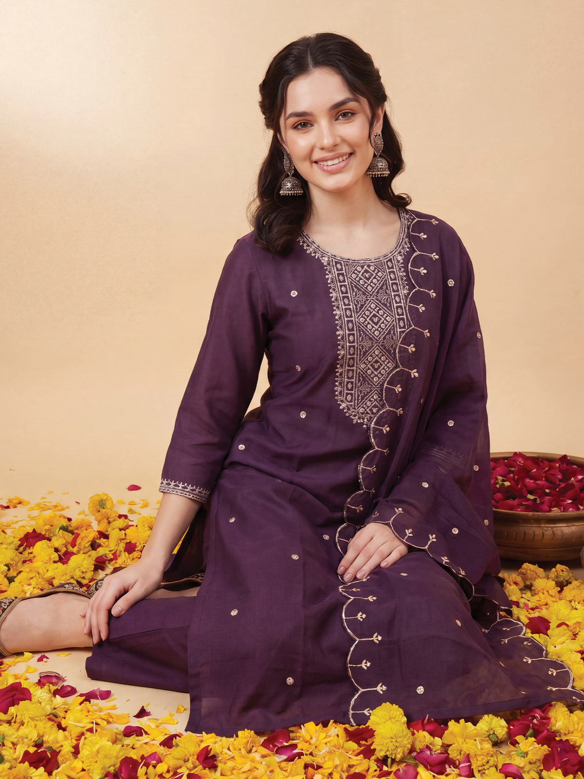 Purple Embroidered Straight Kurta Trousers With Dupatta Set-DD9KH486