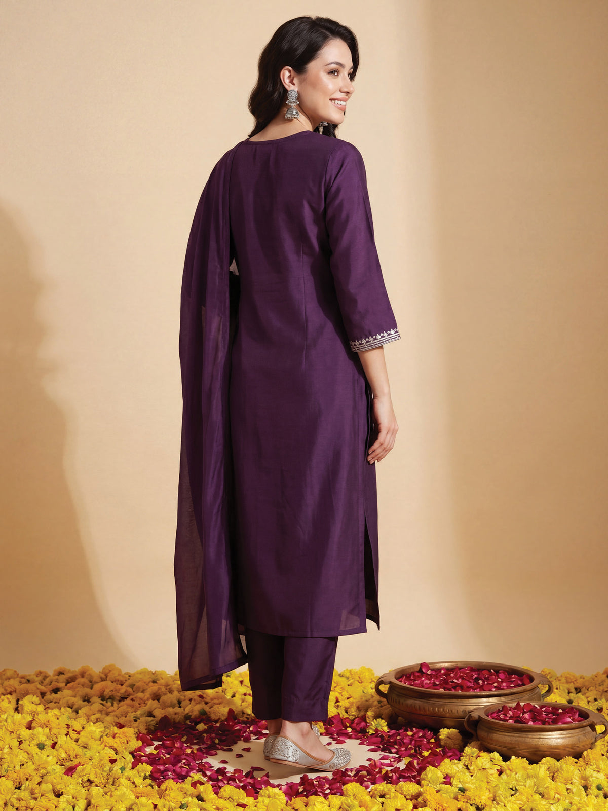 Purple Embroidered Straight Kurta Trousers With Dupatta Set-DD9KH486