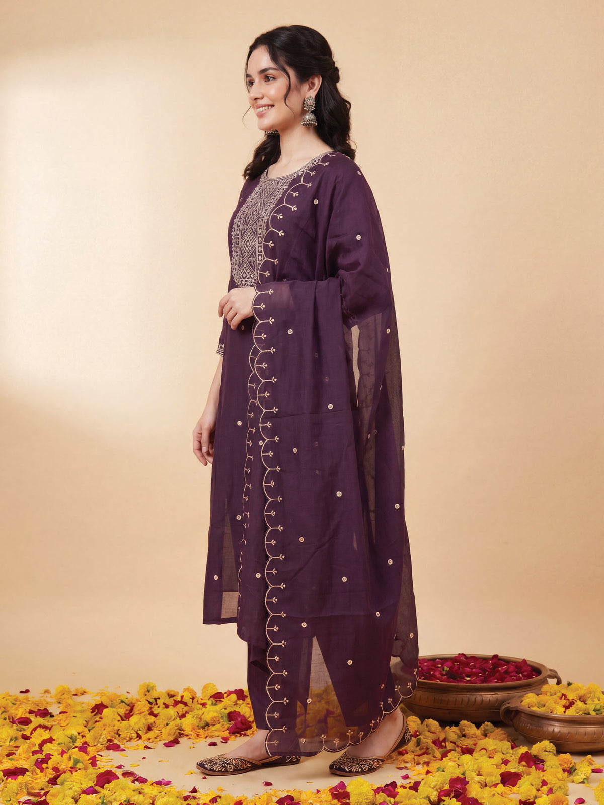 Purple Embroidered Straight Kurta Trousers With Dupatta Set-DD9KH486