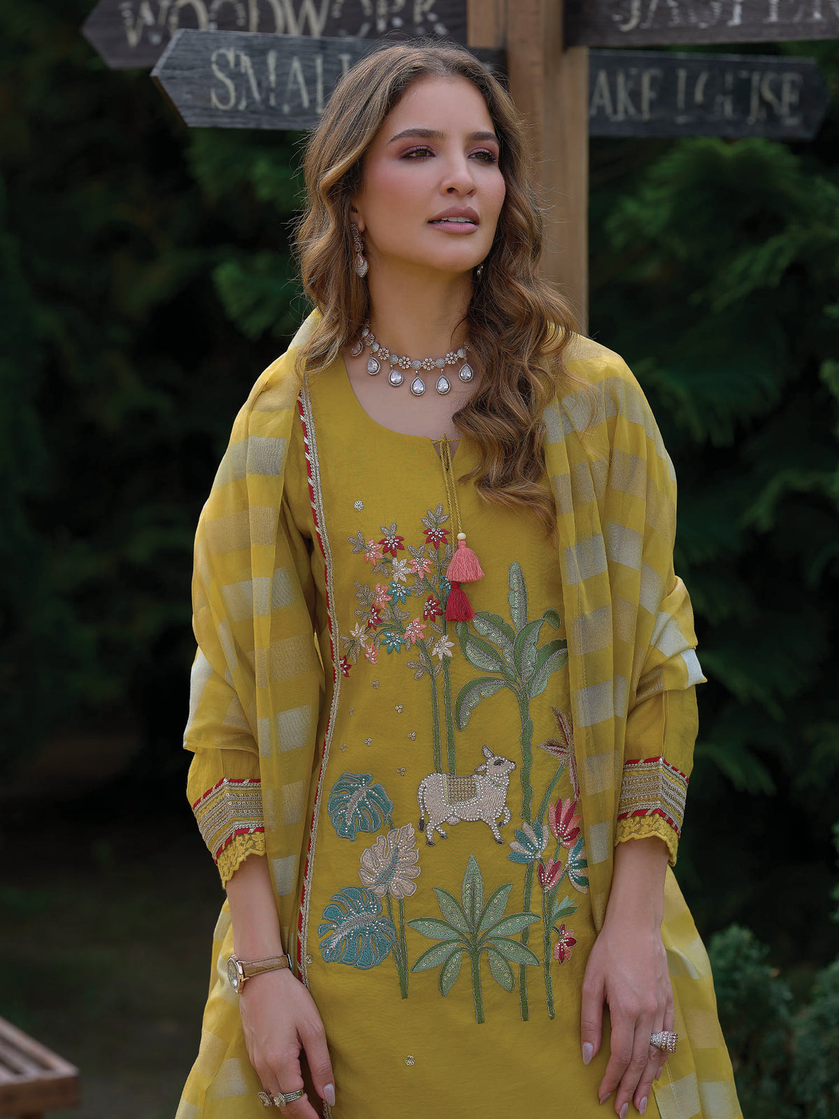 Yellow Embroidered A-Line Kurta Trousers With Dupatta Set-KH9YL13248