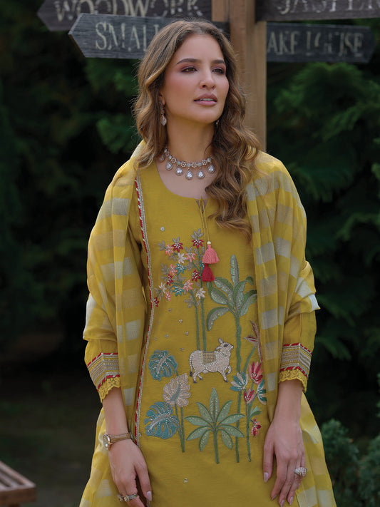 Yellow Embroidered A-Line Kurta Trousers With Dupatta Set-KH9YL13248