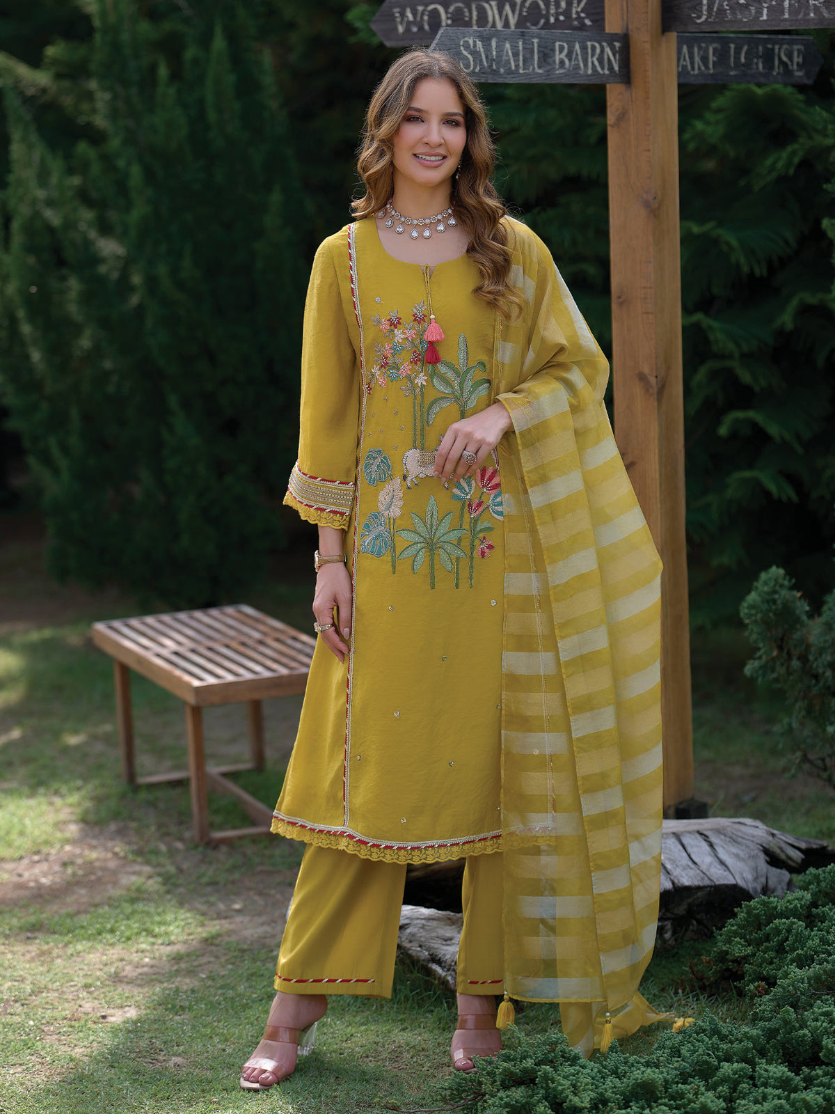 Yellow Embroidered A-Line Kurta Trousers With Dupatta Set-KH9YL13248