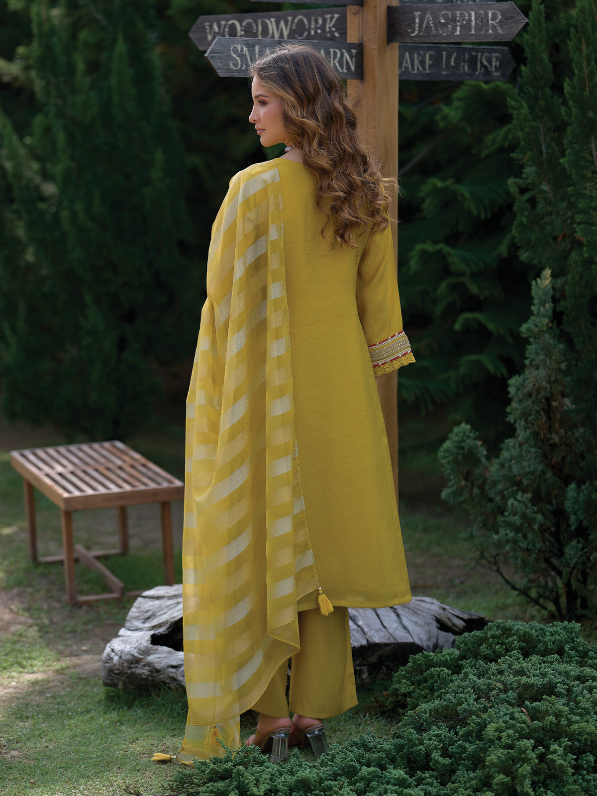 Yellow Embroidered A-Line Kurta Trousers With Dupatta Set-KH9YL13248