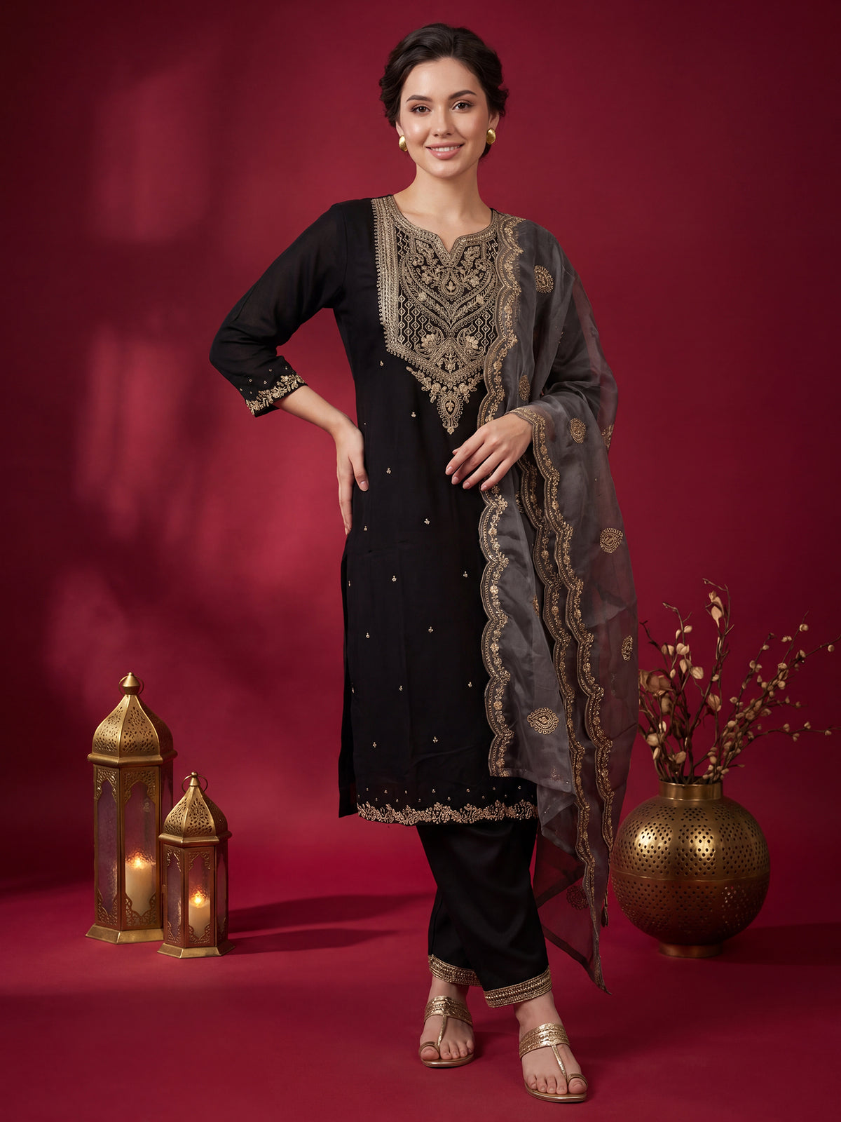Black Embroidered Straight Kurta Trousers With Dupatta Set-KH9BK13611