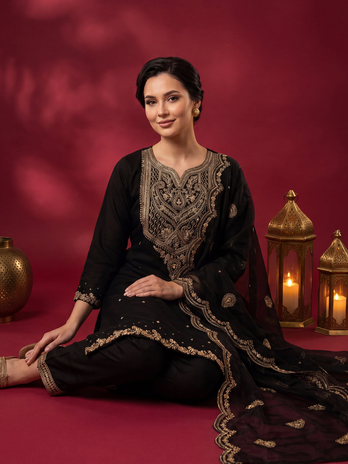 Black Embroidered Straight Kurta Trousers With Dupatta Set-KH9BK13611